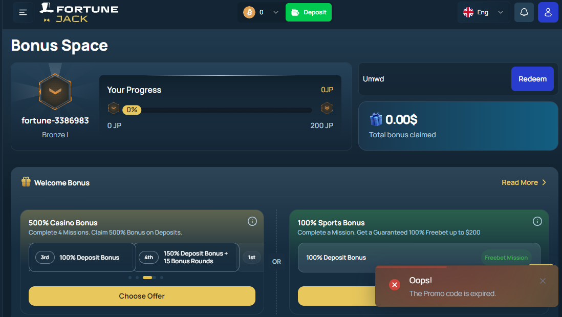 FortuneJack Bonus Space: a 500% casino bonus across four missions or a 100% sports freebet up to $200, with an error saying the promo code is expired.