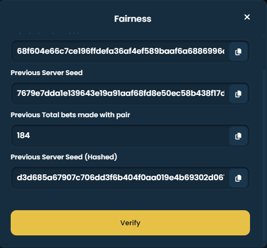 FortuneJack Plinko Fairness panel: client seed, previous server seed, previous total bets with the pair, and the previous server seed hash, with a Verify button.
