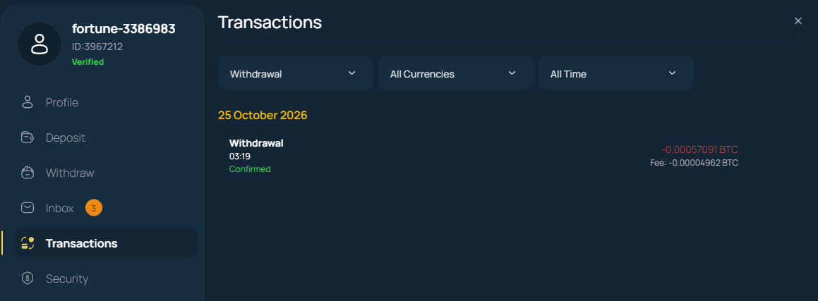 FortuneJack transaction history: a withdrawal at 03:19, confirmed, minus 0.00057091 BTC, fee 0.00004962 BTC.