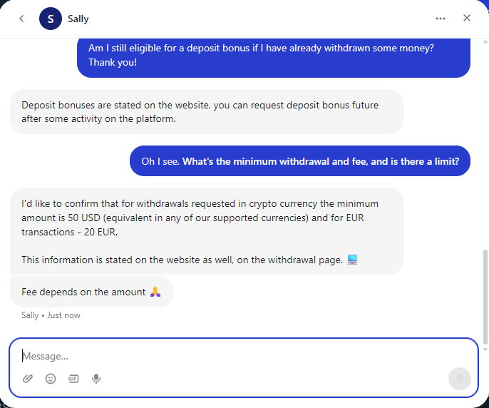 FortuneJack live chat with Sally: a deposit bonus can be requested after some activity, the crypto withdrawal minimum is 50 USD or 20 EUR, and the fee depends on the amount.