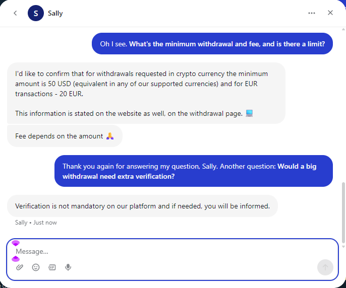 FortuneJack live chat with Sally: verification is not mandatory on the platform and the player will be informed if it is needed.