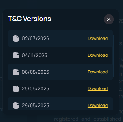 FortuneJack T&C Versions list: 02/03/2026, 04/11/2025, 08/08/2025, 25/06/2025, 29/05/2025, each with a Download link.