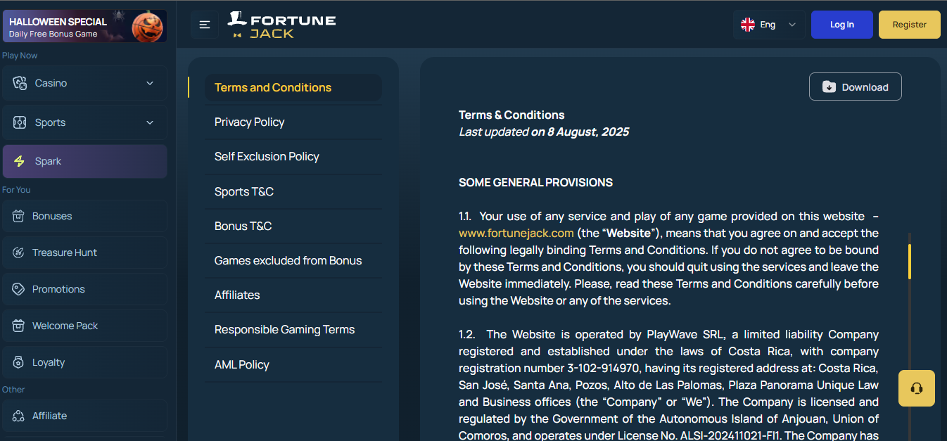 FortuneJack Terms and Conditions page: last updated on 8 August, 2025, operated by PlayWave SRL of Costa Rica under Anjouan license ALSI-202411021-FI1.
