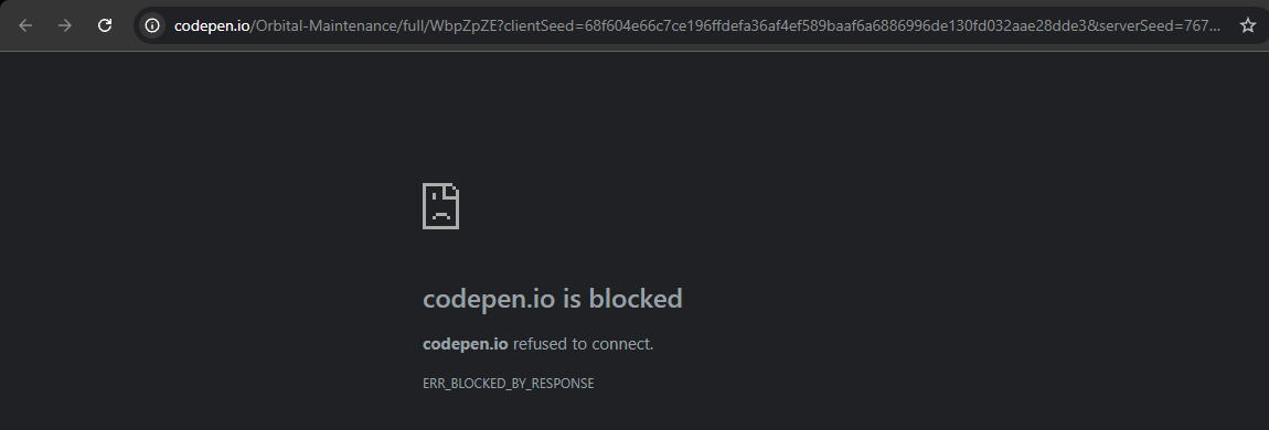 The Verify link opens a codepen.io page with the seeds in the address, and the browser shows codepen.io is blocked and refused to connect.