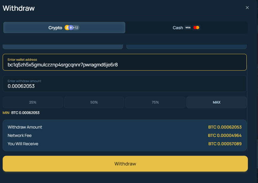 FortuneJack withdraw window: 0.00062053 BTC entered, minimum BTC 0.00062053, network fee BTC 0.00004964, you will receive BTC 0.00057089.